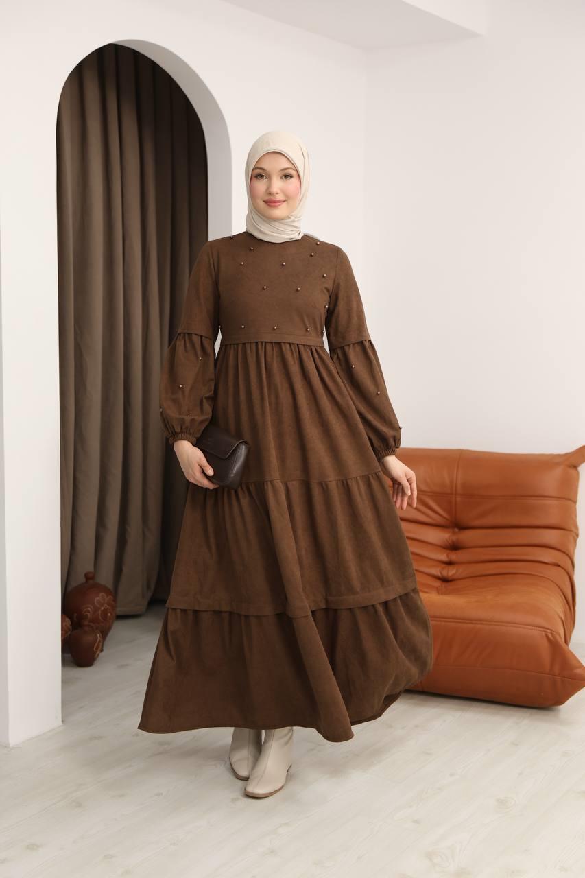 5040 Boncuk Detaylı Elbise - Kahverengi