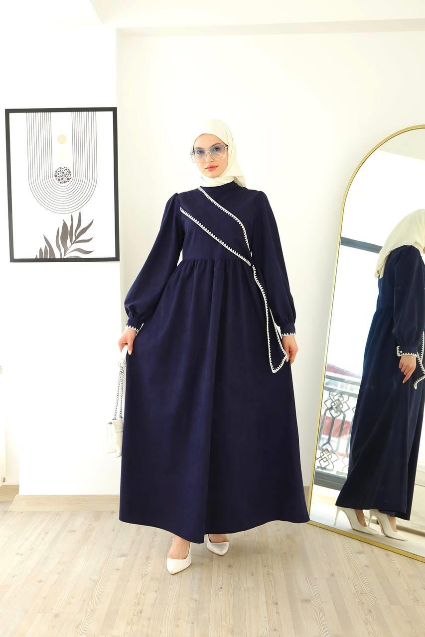 6014 Kuşak Detaylı Elbise - Lacivert 