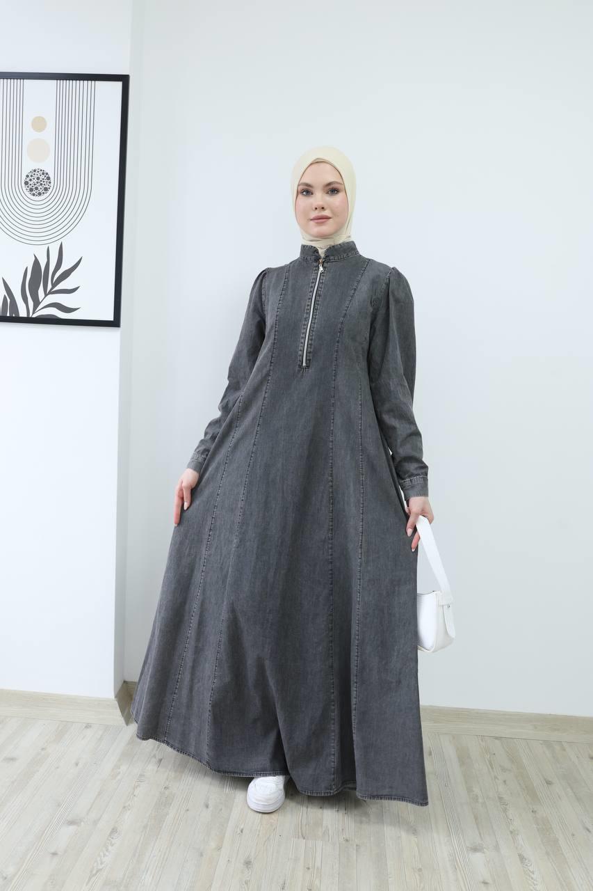 7011 Fermuarlı Kot Elbise - Siyah