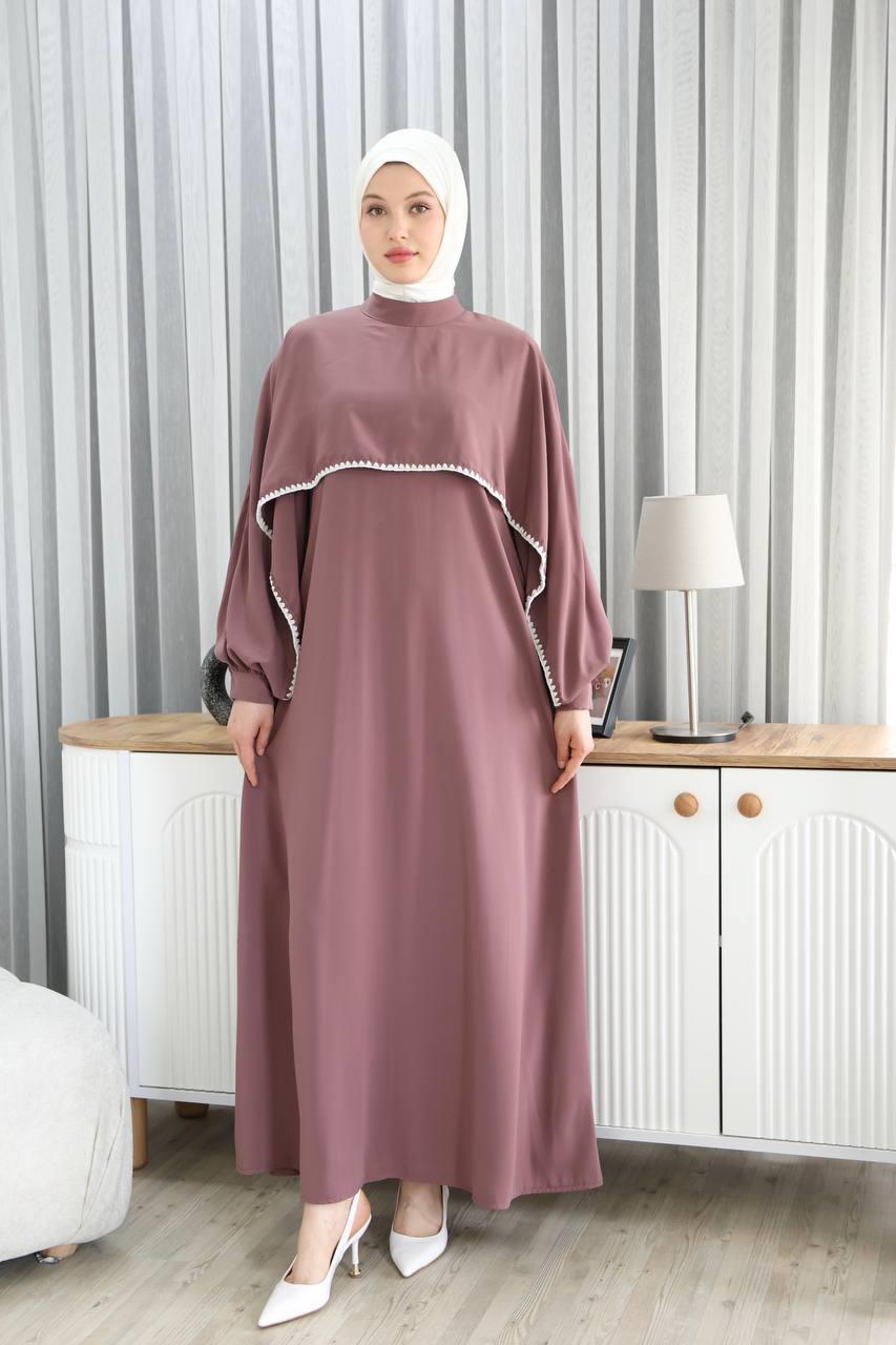 7035 Pelerinli Elbise - Gül kurusu