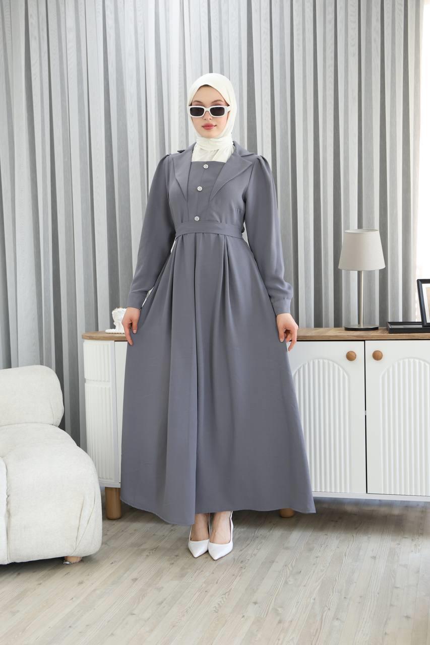 7038Yaka Detaylı Elbise - Gri