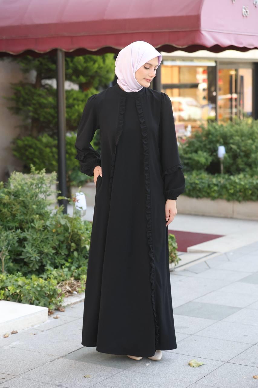 7050 Fırfır Detaylı Ferace - Siyah