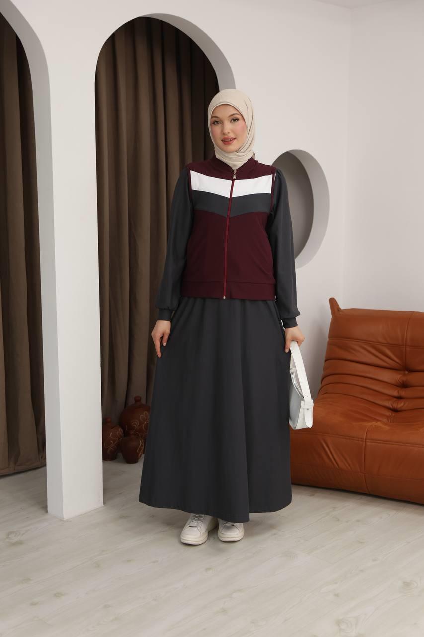 7058 İki İplik Spor Takımı - Gri & Bordo 