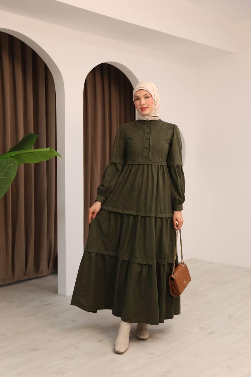 7069 Kat Etekli Elbise - Haki 