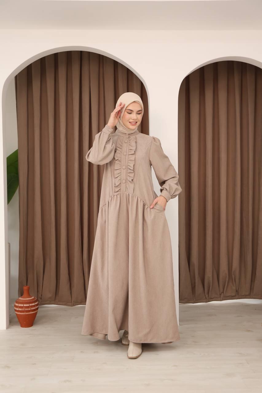 7074 Önü Düğmeli Fırfırlı Elbise - Bej