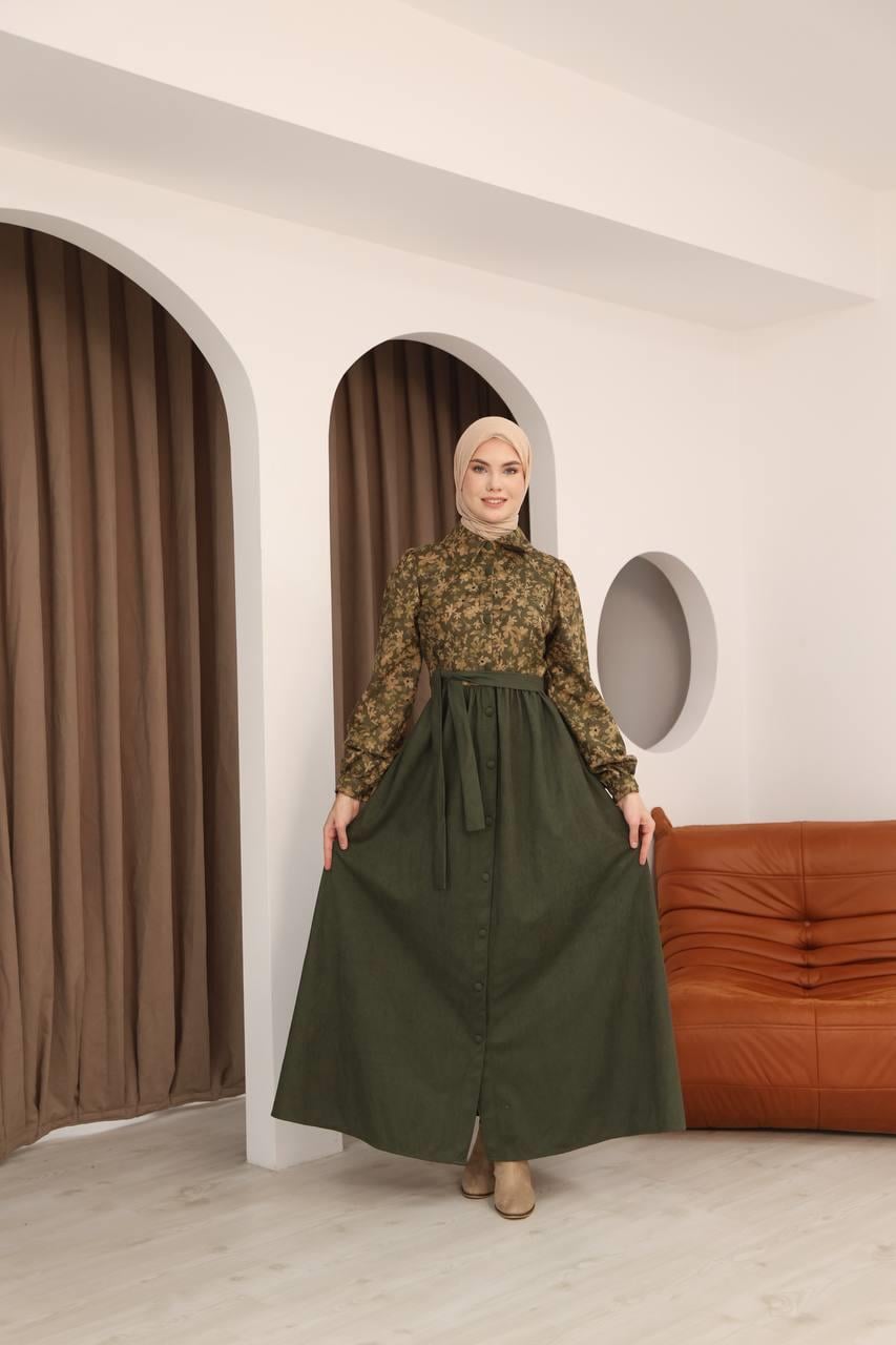 7076 Çiçek Desenli Elbise - Haki