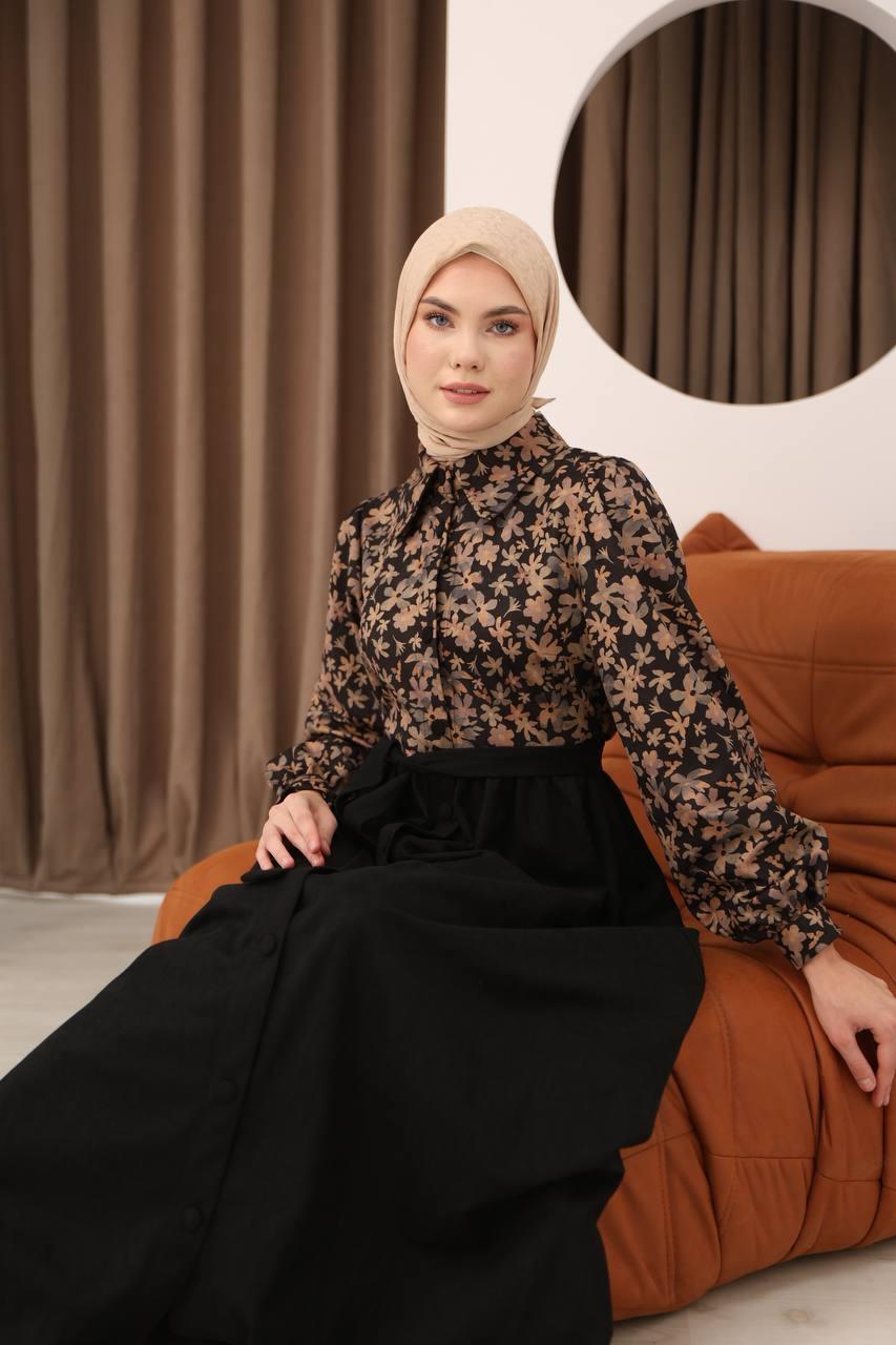 7076 Çiçek Desenli Elbise - Siyah