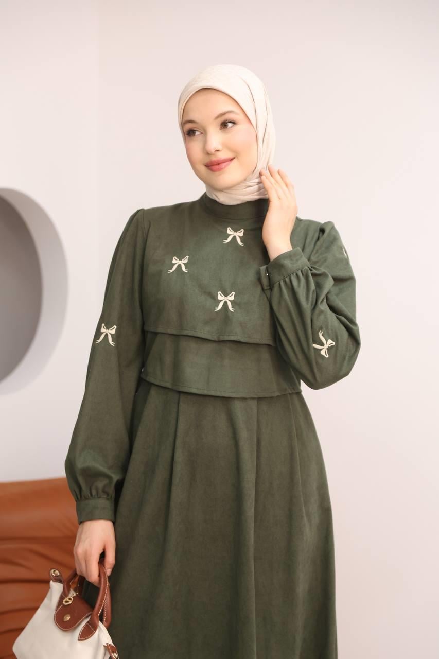7082 Fiyonk İşlemeli Elbise - Haki