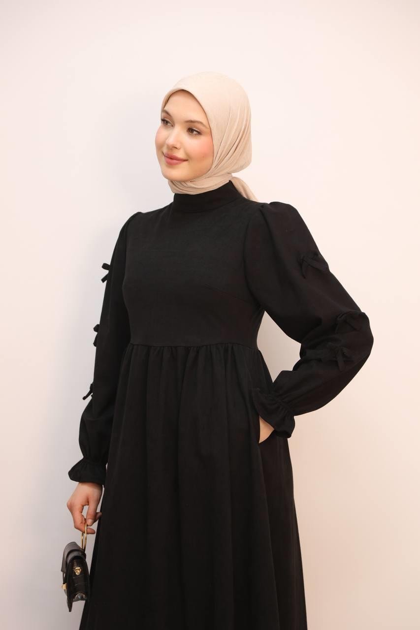 7095 Fiyonklu Elbise - Siyah