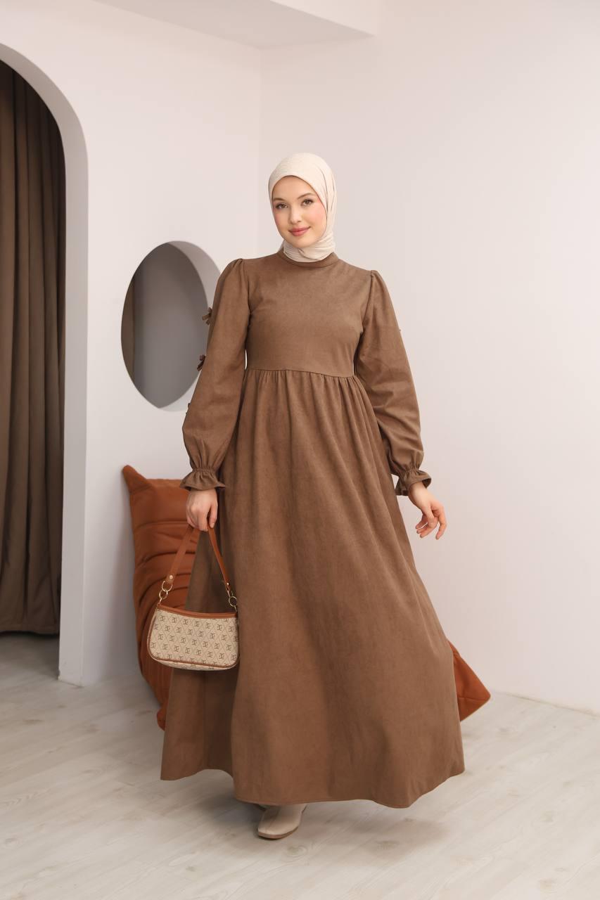 7095 Fiyonklu Elbise - Sütlü kahve