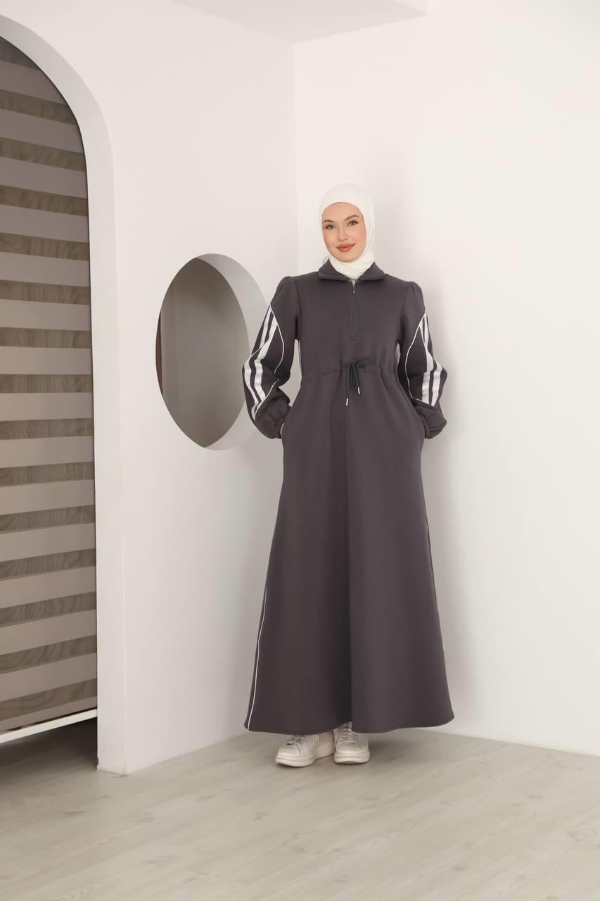 7097 Çift Çizgili kışlık Spor Elbise - Gri