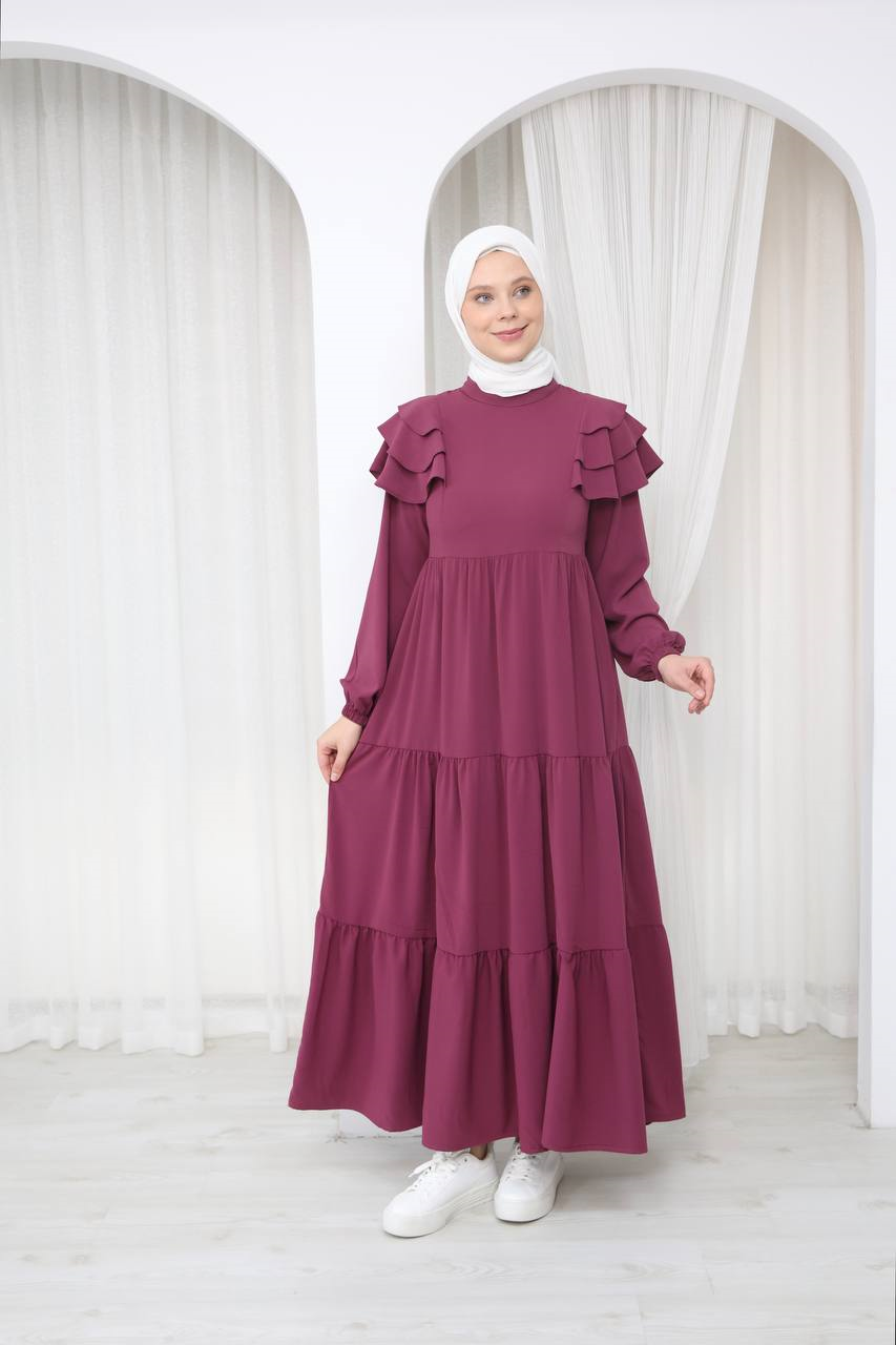 7121 Nazlı Kat Kat Elbise - Gül kurusu