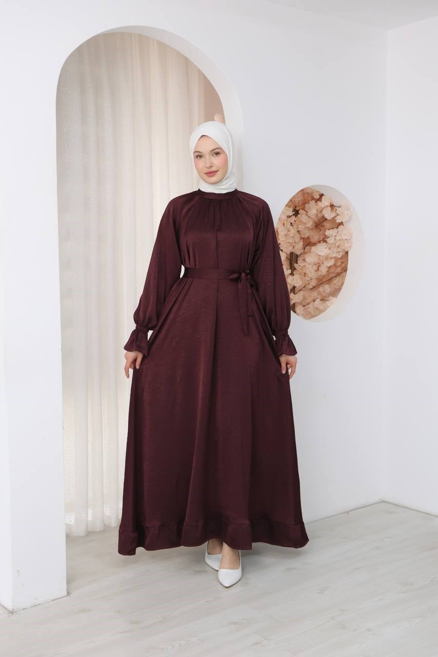 7136 Saten Soft Dokunuş Elbise - Bordo