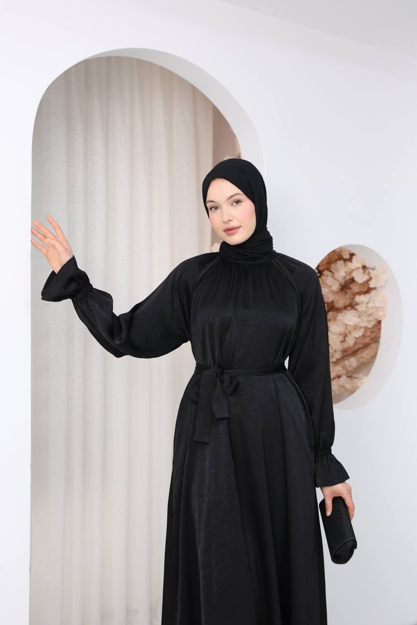 7136 Saten Soft Dokunuş Elbise - Siyah
