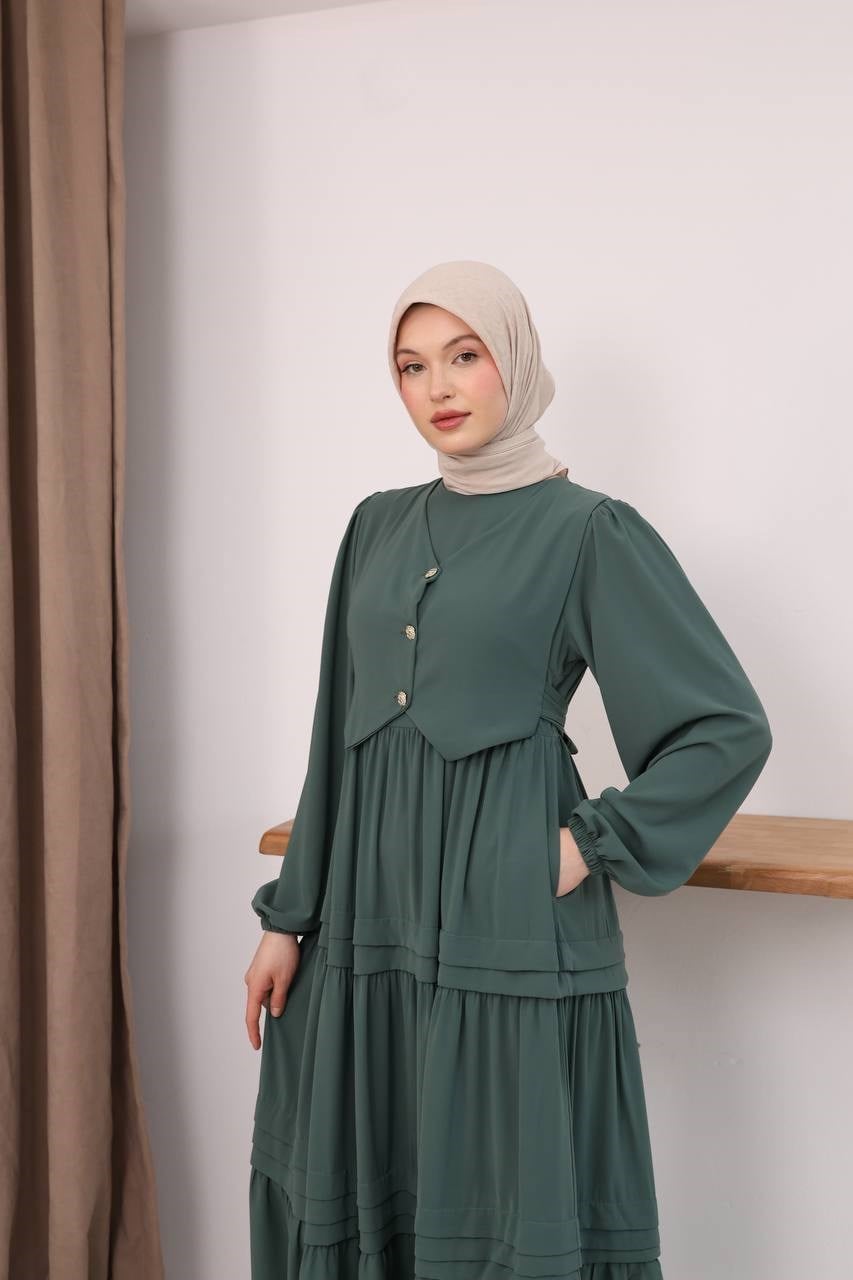 7156 Elegant Katlı Elbise - Mint Yeşili 