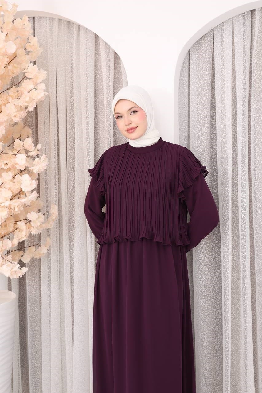 7169 Şifon Fırfır Detaylı Elbise - Mürdüm 