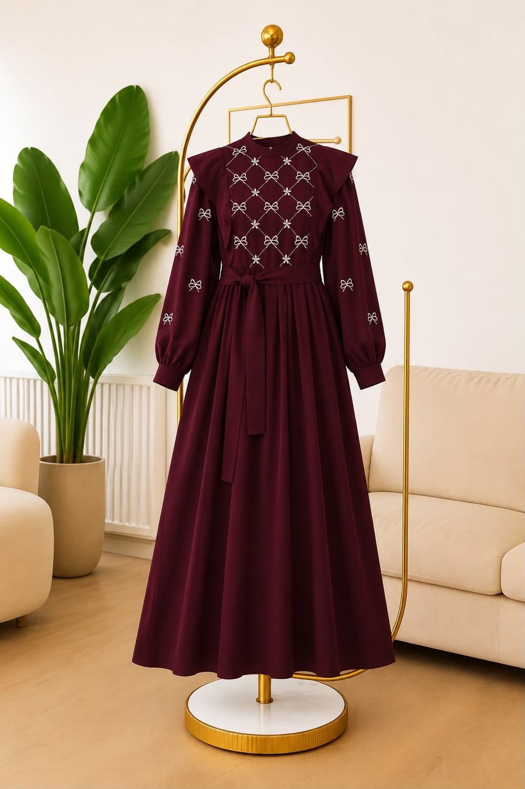 7171 Fiyonk Nakışlı Elbise - Bordo 