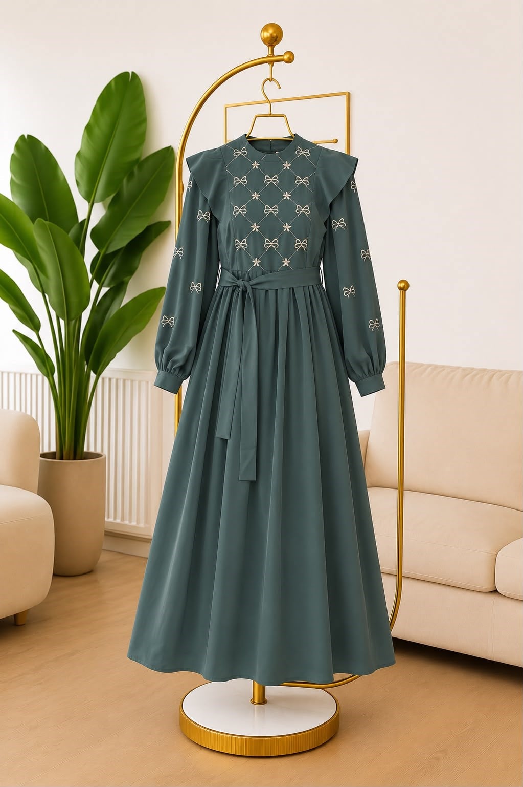 7171 Fiyonk Nakışlı Elbise - Mint Yeşili