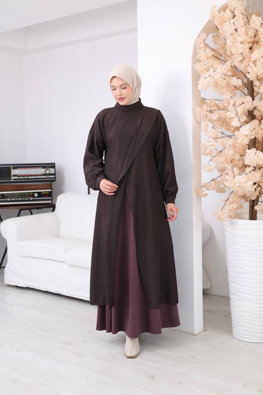 7206 Çapraz Detaylı Tunik Etek Takımı - Kahve & Mor