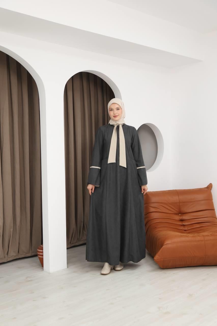 8061 Cepli Detaylı Elbise - Koyu Gri