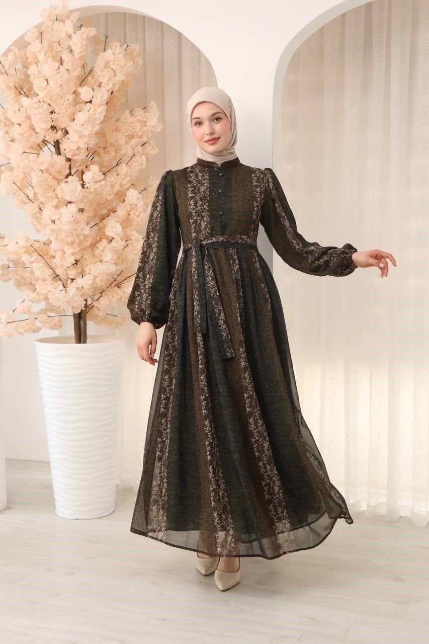 9187 Zarif Desenli Şifon Elbise - Haki