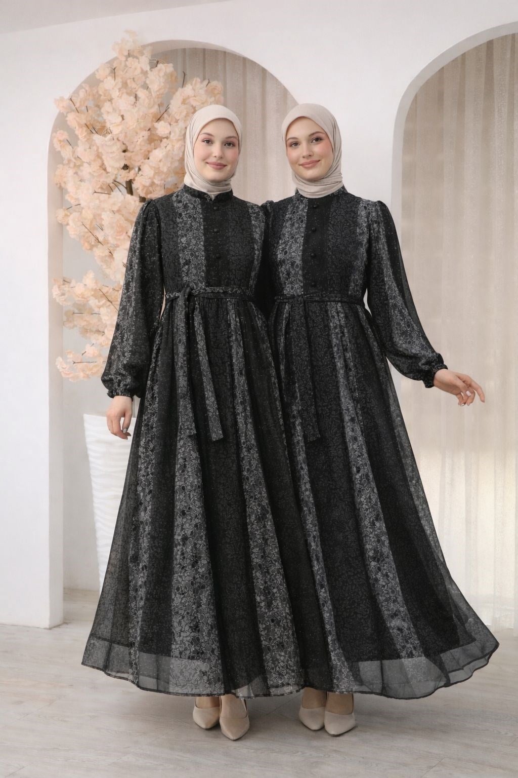 9187 Zarif Desenli Şifon Elbise - Siyah