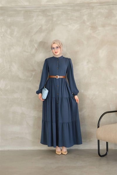 3549 Zarafet Deri Kemerli Elbise - İndigo 