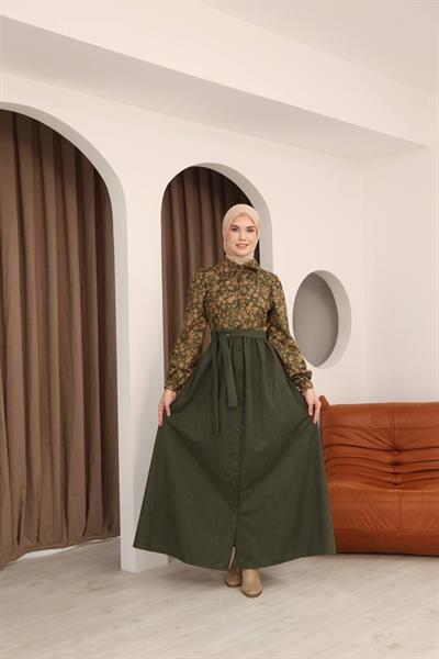 7076 Çiçek Desenli Elbise - Haki