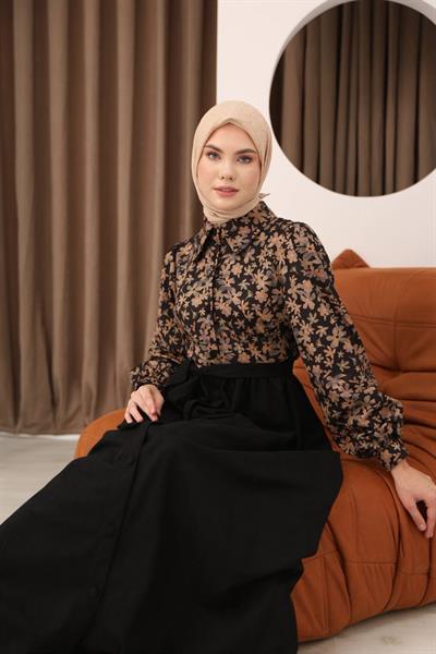 7076 Çiçek Desenli Elbise - Siyah