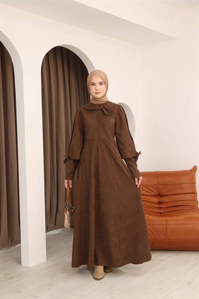 7078 Fiyonk Detaylı Elbise - Kahverengi