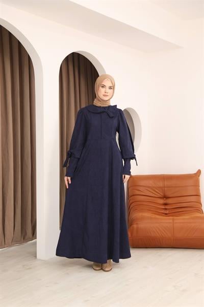 7078 Fiyonk Detaylı Elbise - Lacivert