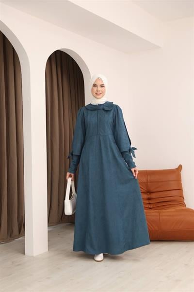 7078 Fiyonk Detaylı Elbise - Petrol