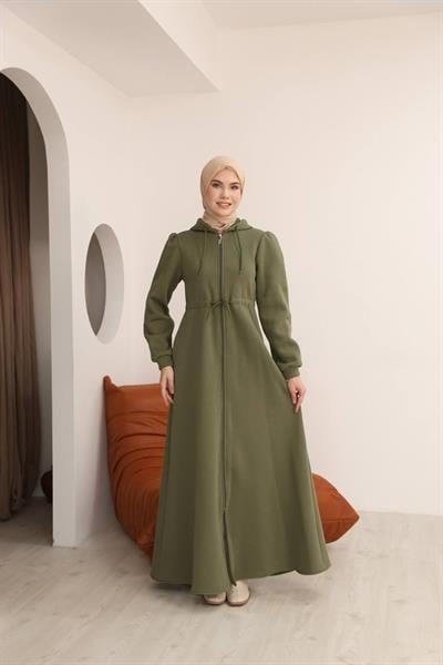 7090 Üç iplik Büzgülü Elbise - Haki