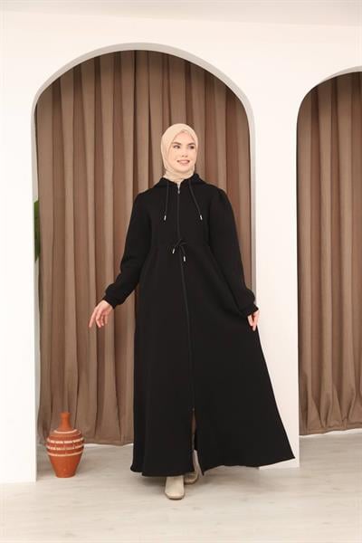 7090 Üç iplik Büzgülü Elbise - Siyah