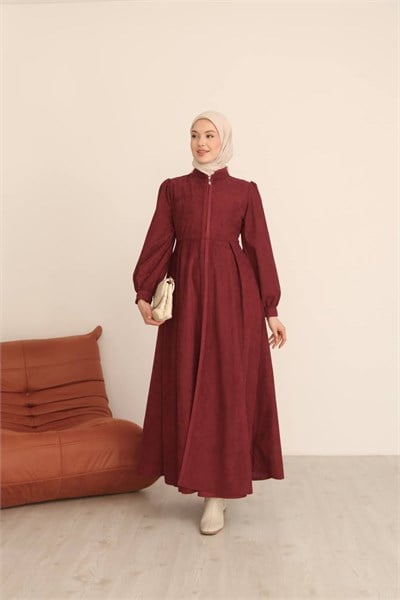 7104 Ön Fermuarlı Pileli Elbise - Bordo 