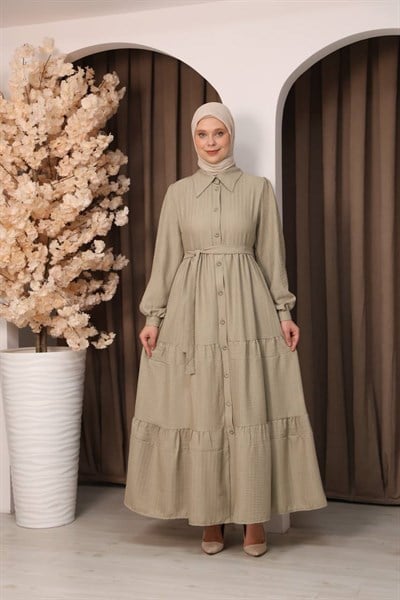 7114 Katmanlı Tasarımlı Elbise - Çağla Yeşili