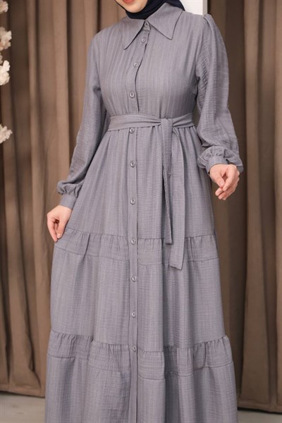 7114 Katmanlı Tasarımlı Elbise - Gri