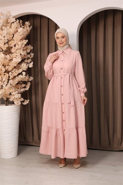 7114 Katmanlı Tasarımlı Elbise - Pembe