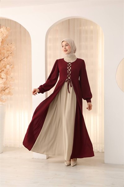 7127 Bağcıklı Uzun Elbise - Bordo