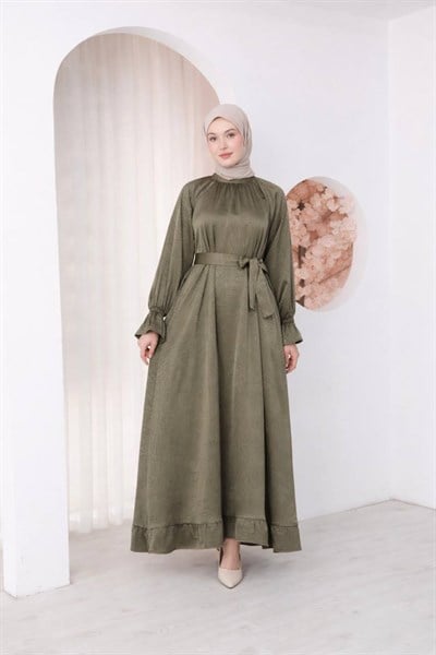 7136 Saten Soft Dokunuş Elbise - Haki