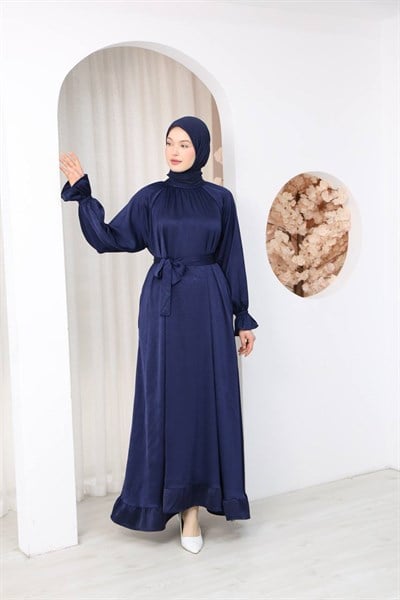 7136 Saten Soft Dokunuş Elbise - Lacivert