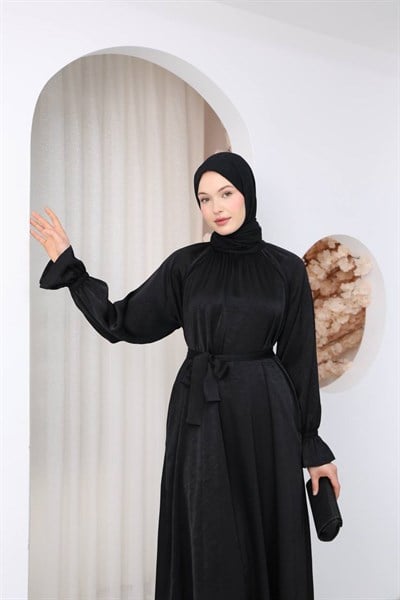 7136 Saten Soft Dokunuş Elbise - Siyah