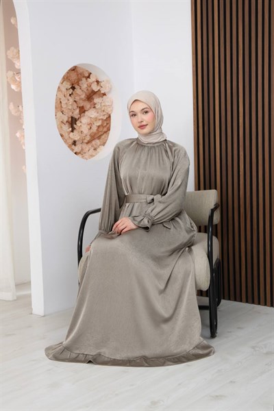 7136 Saten Soft Dokunuş Elbise - Taş Rengi