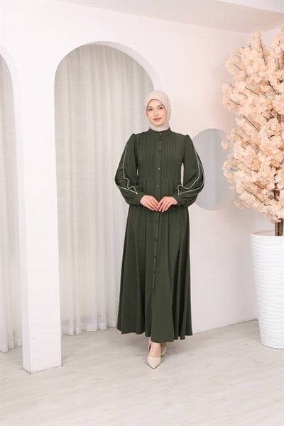 7139  Kırma Detaylı Elbise -  Haki