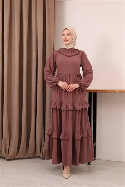 7145 Büzgü Yakalı Volanlı Elbise - Gül kurusu