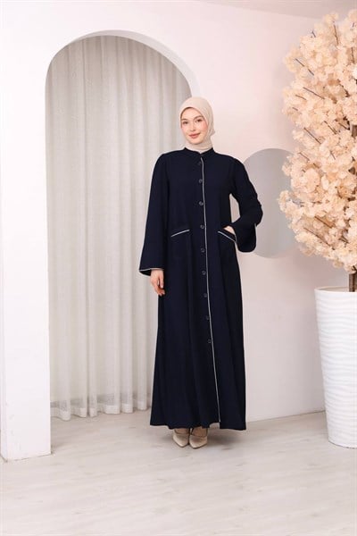 7147  Önü Düğmeli Cepli Ferace -  Lacivert