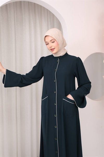 7147  Önü Düğmeli Cepli Ferace -  Petrol Yeşili