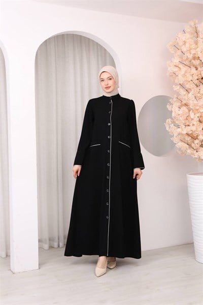 7147  Önü Düğmeli Cepli Ferace - Siyah