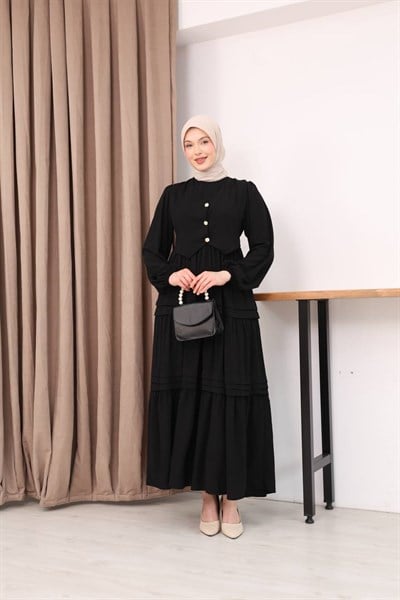 7156 Elegant Katlı Elbise - Siyah 