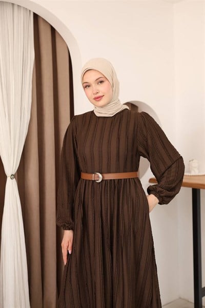7167 Modern Deri Kemerli Elbise - Kahverengi